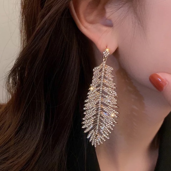 Gold Plated Feather Big Earrings - Picture 3 of 5